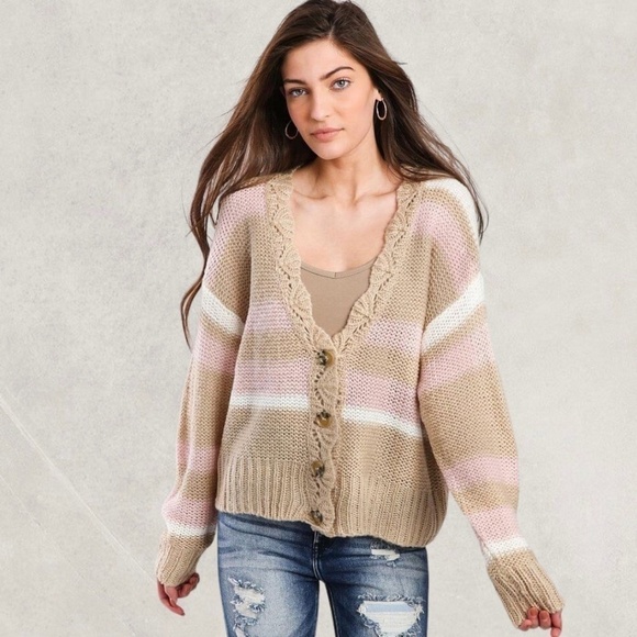 WISHLIST APPAREL Striped Button Front V-Neck Relaxed Sweater Cardigan-M/L NWT - Picture 4 of 5